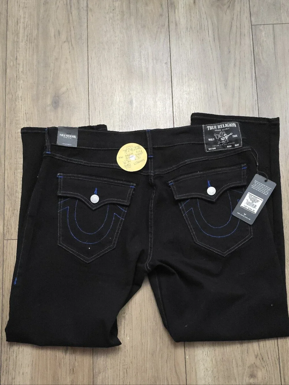 True Religion Men's Black Slim Straight Jeans with Blue Stitching